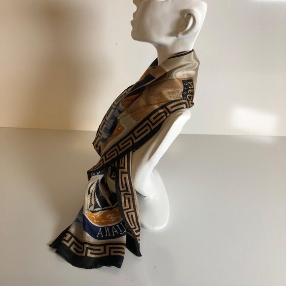 Adrienne Vittadini Silk Scarf Beige Blue Floral Cruise Travel Japan 11in x 52in - Picture 2 of 7